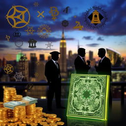 An abstract representation of wealth and knowledge, featuring mysterious symbols and codes intertwined with luxurious elements like gold coins, stacks of cash, and opulent architecture