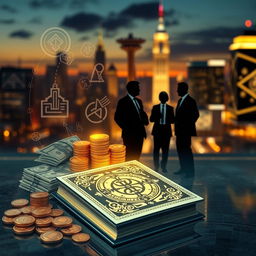 An abstract representation of wealth and knowledge, featuring mysterious symbols and codes intertwined with luxurious elements like gold coins, stacks of cash, and opulent architecture