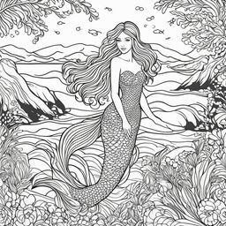 Colouring book page featuring a fully clothed mermaid with flowing hair and seaweed tunic, set against a simple seascape background