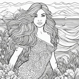 Colouring book page featuring a fully clothed mermaid with flowing hair and seaweed tunic, set against a simple seascape background