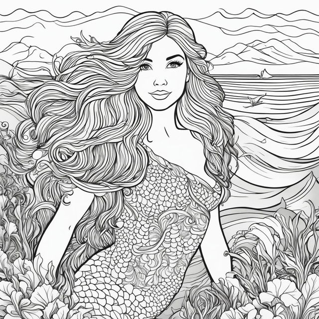 Colouring book page featuring a fully clothed mermaid with flowing hair and seaweed tunic, set against a simple seascape background