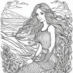 Colouring book page featuring a fully clothed mermaid with flowing hair and seaweed tunic, set against a simple seascape background