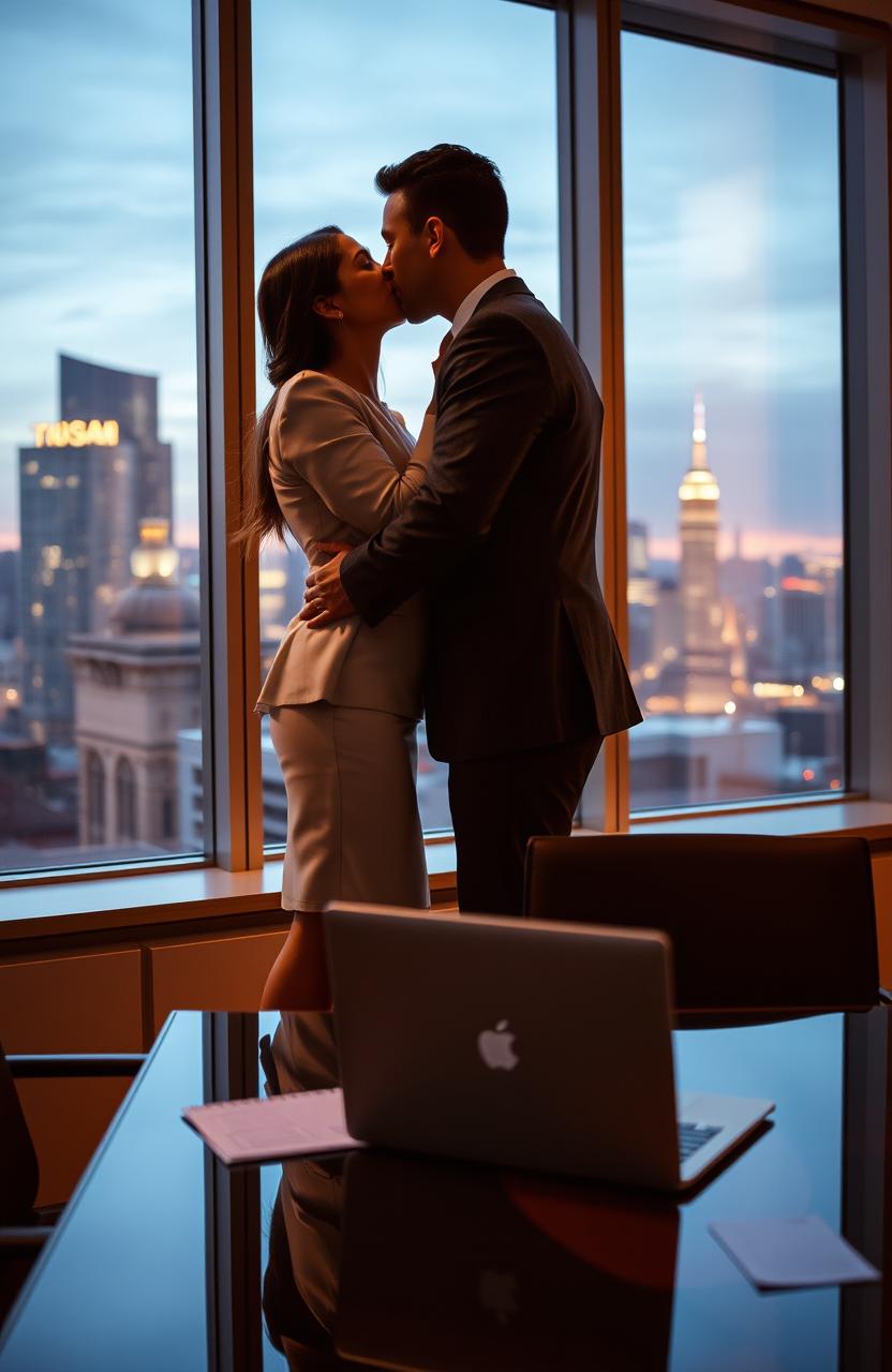 A sophisticated and romantic scene set in a modern corporate office during twilight