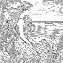 Colouring book page featuring a fully clothed mermaid with flowing hair and seaweed tunic, set against a simple seascape background