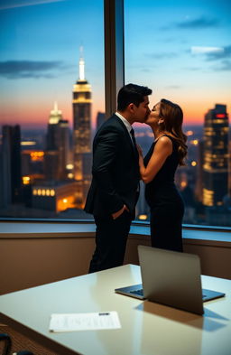 A sophisticated and romantic scene set in a modern corporate office during twilight