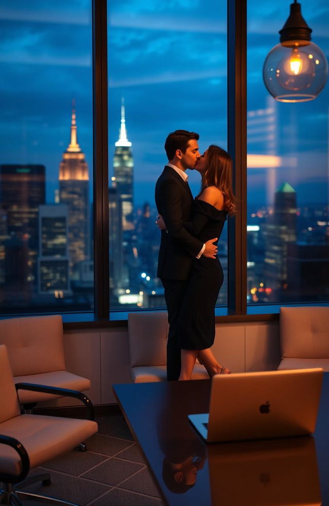 A sophisticated and romantic scene set in a modern corporate office during twilight