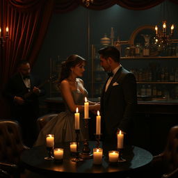 An alluring and mysterious scene set in an elegant, dimly lit speakeasy, where sophistication meets romance
