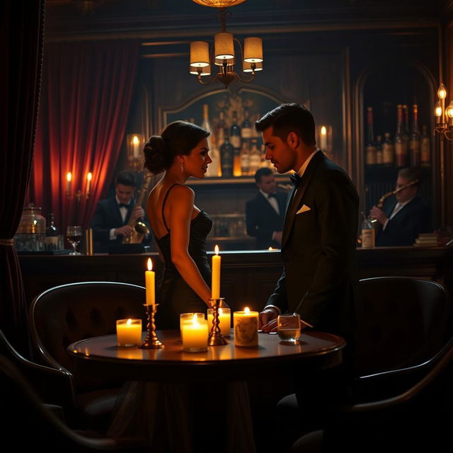 An alluring and mysterious scene set in an elegant, dimly lit speakeasy, where sophistication meets romance