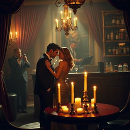An alluring and mysterious scene set in an elegant, dimly lit speakeasy, where sophistication meets romance