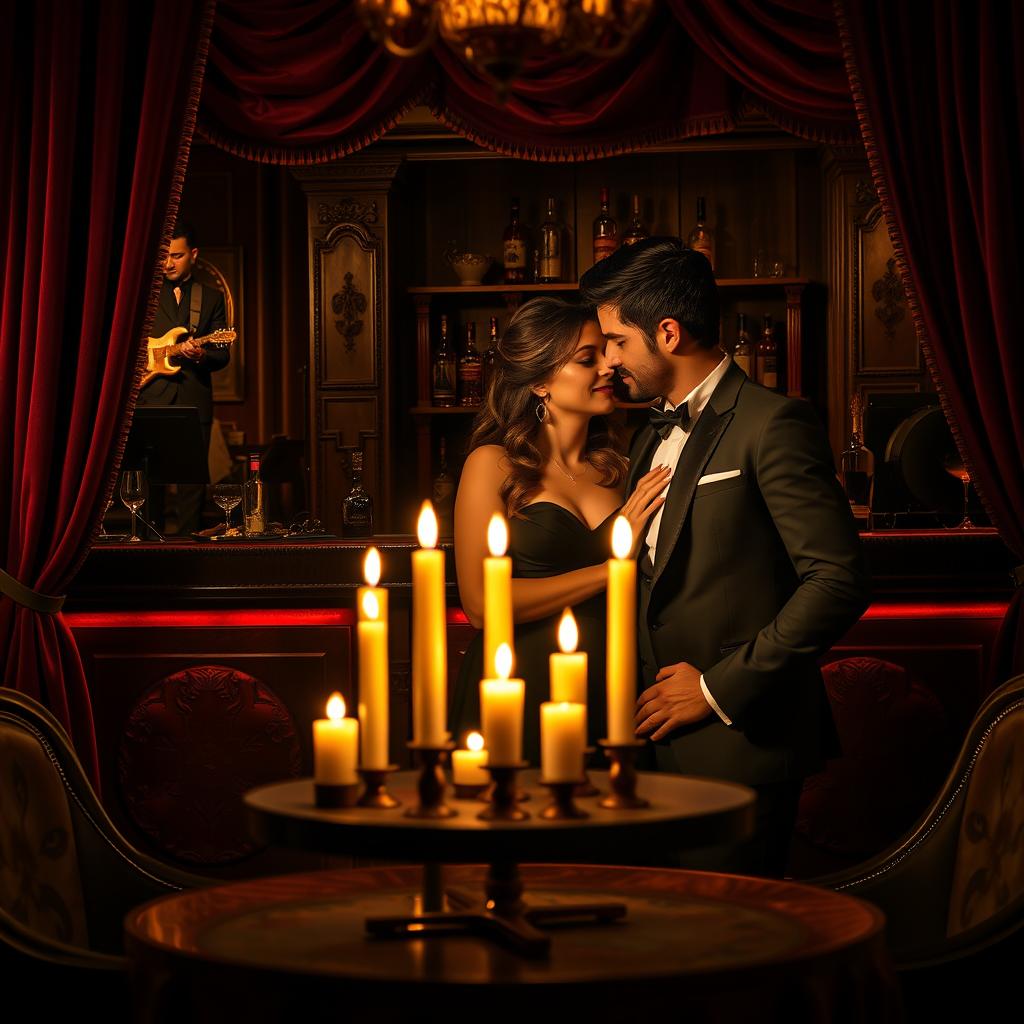 An alluring and mysterious scene set in an elegant, dimly lit speakeasy, where sophistication meets romance