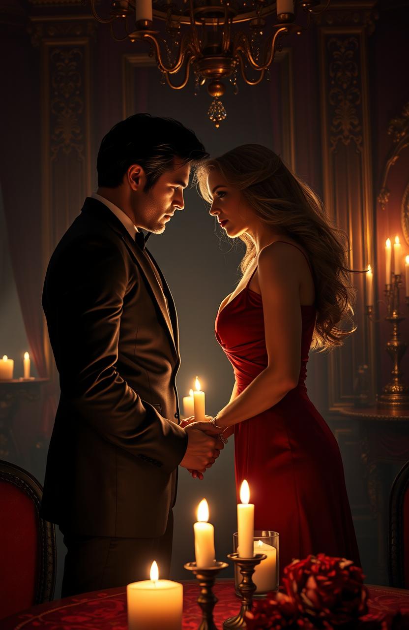 An adult scene depicting a sophisticated and mysterious romance between an enigmatic couple in a dimly lit, luxurious setting