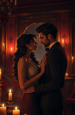 An adult scene depicting a sophisticated and mysterious romance between an enigmatic couple in a dimly lit, luxurious setting