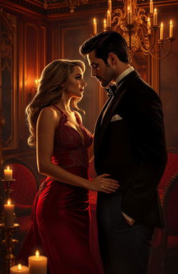 An adult scene depicting a sophisticated and mysterious romance between an enigmatic couple in a dimly lit, luxurious setting