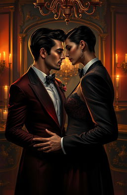 An adult scene depicting a sophisticated and mysterious romance between an enigmatic couple in a dimly lit, luxurious setting