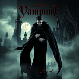 A captivating book cover design featuring a striking vampire character, standing dramatically against a dark, gothic backdrop