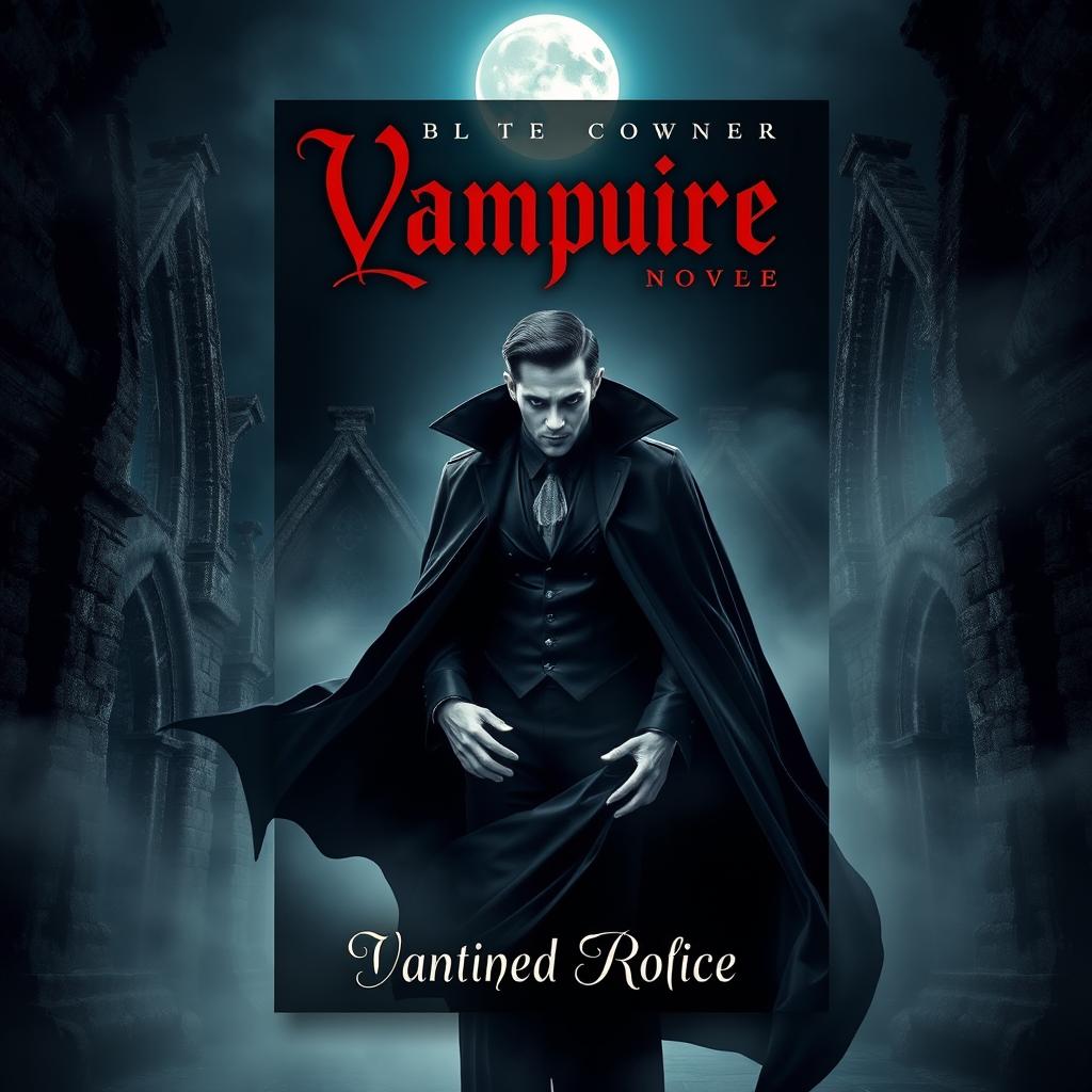 A captivating book cover design featuring a striking vampire character, standing dramatically against a dark, gothic backdrop