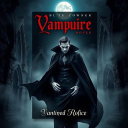 A captivating book cover design featuring a striking vampire character, standing dramatically against a dark, gothic backdrop