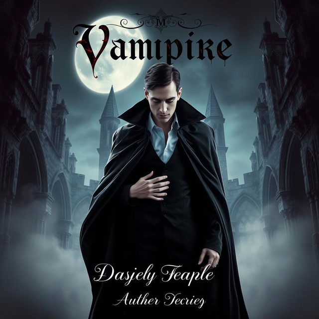 A captivating book cover design featuring a striking vampire character, standing dramatically against a dark, gothic backdrop