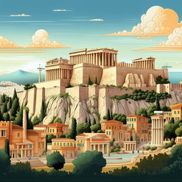 Create an engaging, cartoon depiction of the capital city of Athens, Greece, with distinctive landmarks like the Parthenon and the Acropolis.