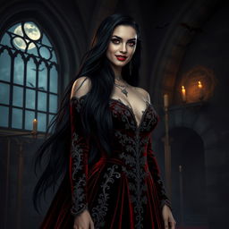 A strikingly beautiful vampire woman with long flowing black hair and piercing red eyes, dressed in a luxurious dark red velvet gown adorned with intricate silver embroidery