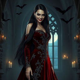 A strikingly beautiful vampire woman with long flowing black hair and piercing red eyes, dressed in a luxurious dark red velvet gown adorned with intricate silver embroidery