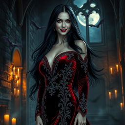 A strikingly beautiful vampire woman with long flowing black hair and piercing red eyes, dressed in a luxurious dark red velvet gown adorned with intricate silver embroidery