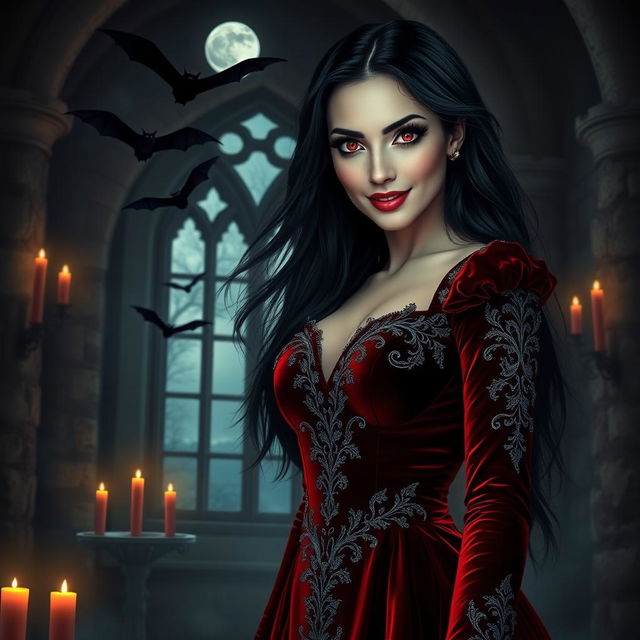 A strikingly beautiful vampire woman with long flowing black hair and piercing red eyes, dressed in a luxurious dark red velvet gown adorned with intricate silver embroidery