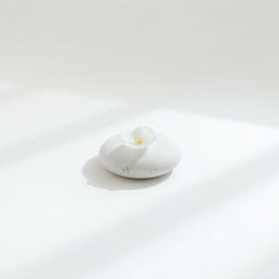 A minimalist scene featuring a white background with a single, elegant white object, such as a smooth, round stone or a delicate flower