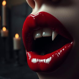 A close-up of an alluring pair of vampire lips, painted in deep crimson red, glistening as if freshly drawn, with fangs subtly visible at the edges