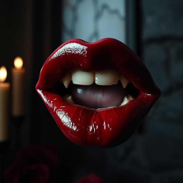 A close-up of an alluring pair of vampire lips, painted in deep crimson red, glistening as if freshly drawn, with fangs subtly visible at the edges