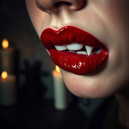 A close-up of an alluring pair of vampire lips, painted in deep crimson red, glistening as if freshly drawn, with fangs subtly visible at the edges