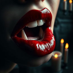 A close-up of an alluring pair of vampire lips, painted in deep crimson red, glistening as if freshly drawn, with fangs subtly visible at the edges