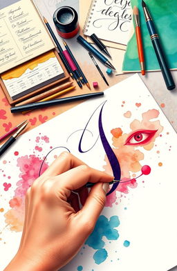 A visually stunning illustration depicting various calligraphic styles and tools used in grafotécnica, showcasing an elegant setup with high-quality ink pens, brushes, and an array of colorful papers
