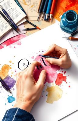 A visually stunning illustration depicting various calligraphic styles and tools used in grafotécnica, showcasing an elegant setup with high-quality ink pens, brushes, and an array of colorful papers