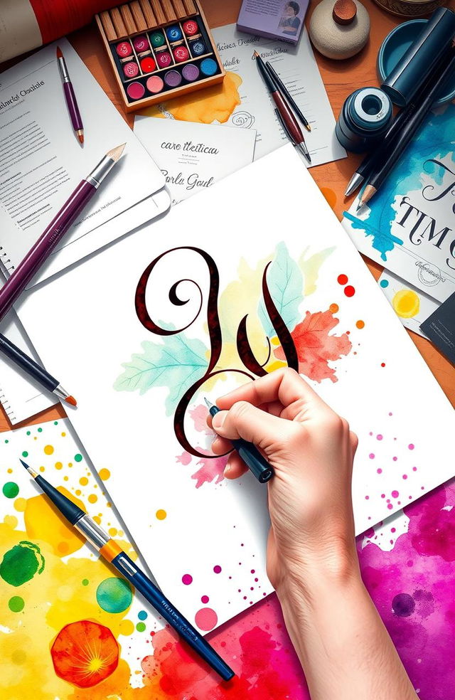 A visually stunning illustration depicting various calligraphic styles and tools used in grafotécnica, showcasing an elegant setup with high-quality ink pens, brushes, and an array of colorful papers