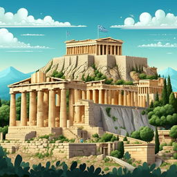 Create an engaging, cartoon depiction of the capital city of Athens, Greece, with distinctive landmarks like the Parthenon and the Acropolis.