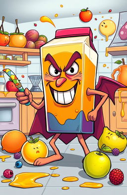 An imaginative and whimsical cartoon-style illustration of a fruit juice villain, featuring a mischievous character shaped like a fruit juice box with a wicked grin, bright colors, and exaggerated features