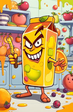 An imaginative and whimsical cartoon-style illustration of a fruit juice villain, featuring a mischievous character shaped like a fruit juice box with a wicked grin, bright colors, and exaggerated features