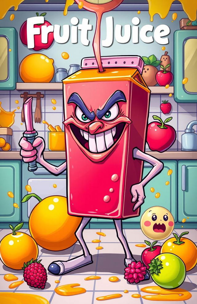 An imaginative and whimsical cartoon-style illustration of a fruit juice villain, featuring a mischievous character shaped like a fruit juice box with a wicked grin, bright colors, and exaggerated features