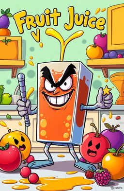 An imaginative and whimsical cartoon-style illustration of a fruit juice villain, featuring a mischievous character shaped like a fruit juice box with a wicked grin, bright colors, and exaggerated features