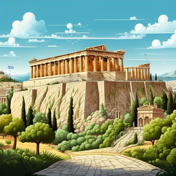 Create an engaging, cartoon depiction of the capital city of Athens, Greece, with distinctive landmarks like the Parthenon and the Acropolis.