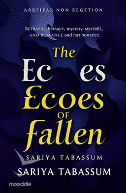 A striking paperback book cover design for 'The Echoes of Fallen' by Sariya Tabassum, incorporating themes of betrayal, mystery, thrill, and romance with a touch of humor
