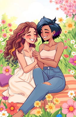 A vibrant illustration of two women expressing their love in a polyamorous relationship, celebrating their bond in a joyful setting filled with flowers and sunlight