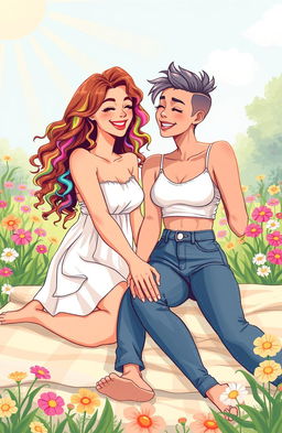 A vibrant illustration of two women expressing their love in a polyamorous relationship, celebrating their bond in a joyful setting filled with flowers and sunlight