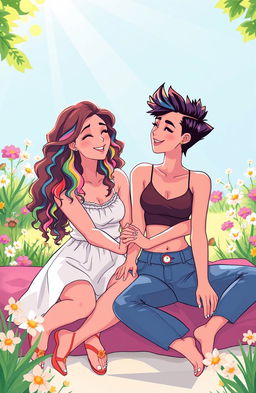 A vibrant illustration of two women expressing their love in a polyamorous relationship, celebrating their bond in a joyful setting filled with flowers and sunlight