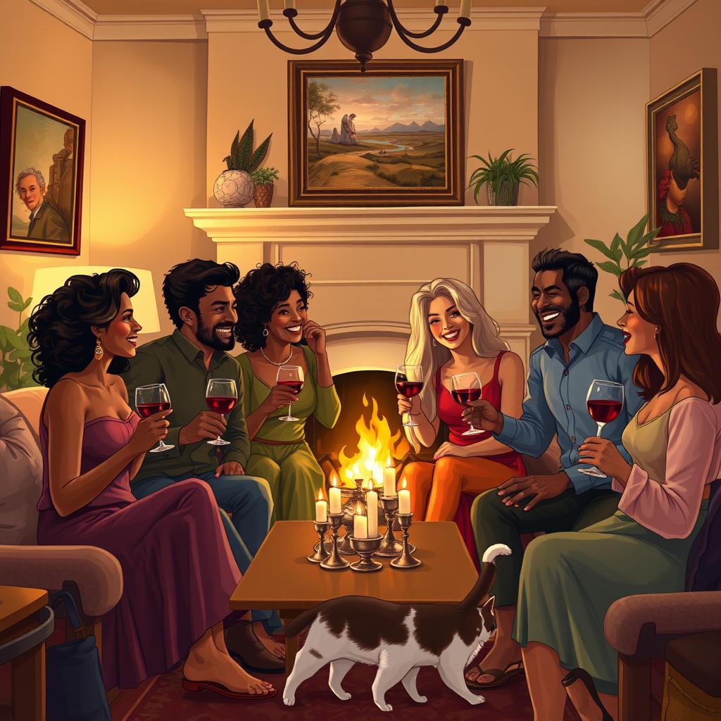 A vibrant party scene depicting a group of diverse adults, celebrating together in a cozy, elegantly decorated living room filled with warm lighting