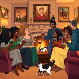A vibrant party scene depicting a group of diverse adults, celebrating together in a cozy, elegantly decorated living room filled with warm lighting