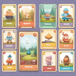 Craft a cartoon-style card game background design filled with jovial figures and bright, clear graphics