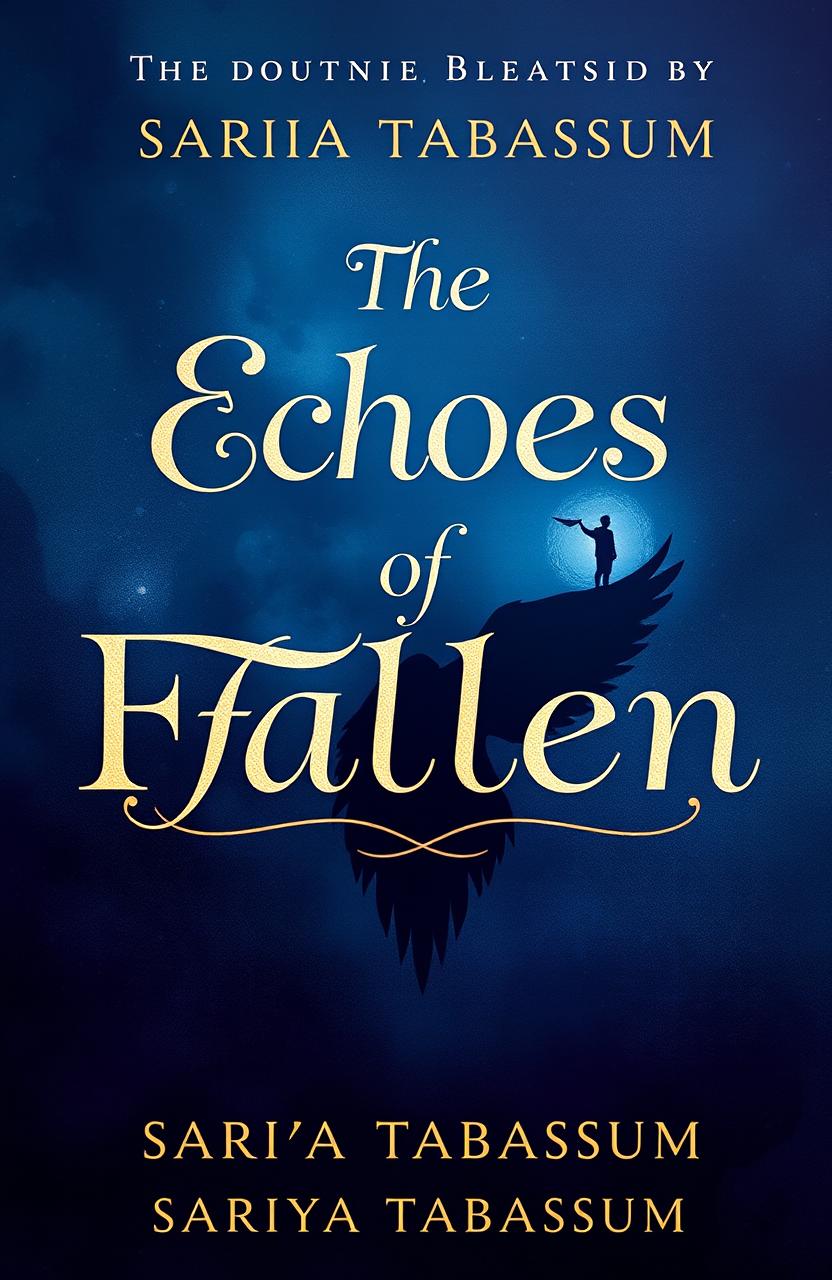 Create a trendy paperback book cover design for a novel titled 'The Echoes of Fallen' by Sariya Tabassum