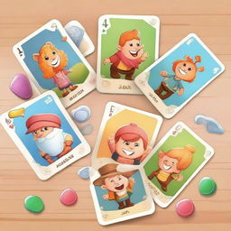 Craft a cartoon-style card game background design filled with jovial figures and bright, clear graphics